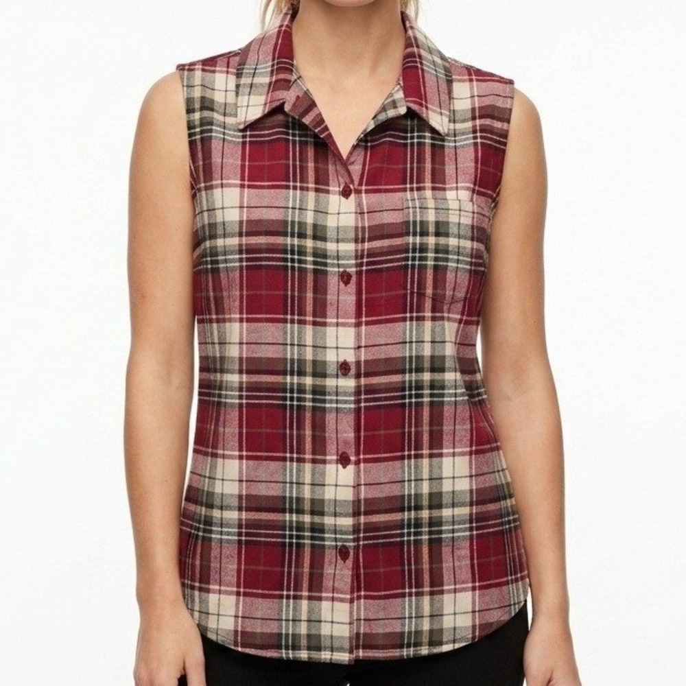 Talbots Plaid Sleeveless Top‎ Women Size M Red Irish Linen Blend Casual